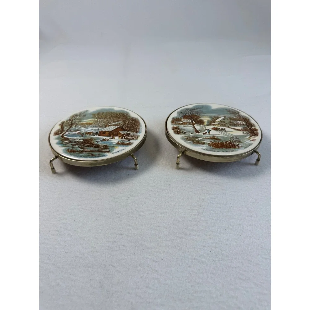 Vintage Currier & Ives Set of 2 Footed Trivets 6